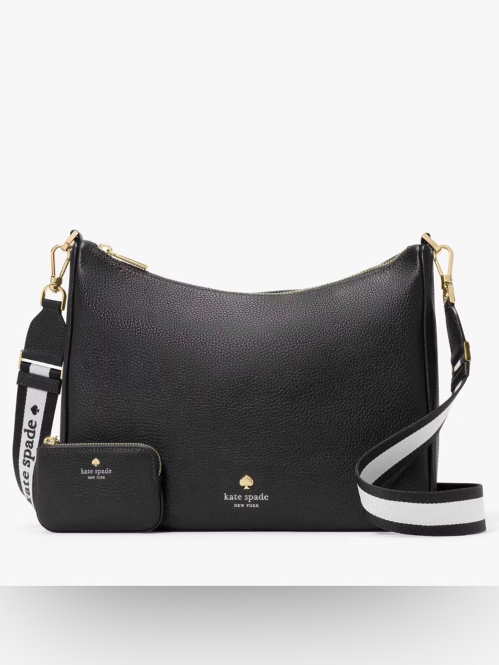 New KATE SPADE Emma Large Shoulder Crossbody Bag w/ Pouch Black Pebbled Leather